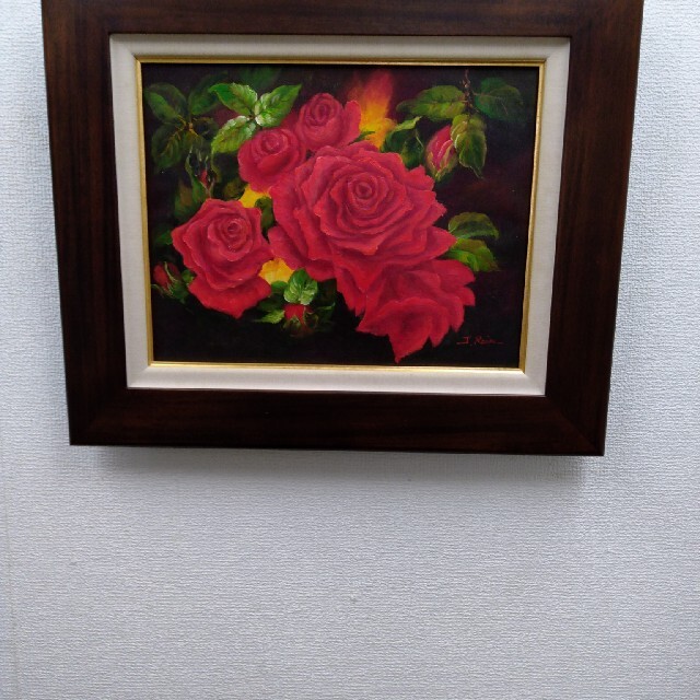 肉質油絵　横　F6号　赤いバラの花　額装仕上げ品
