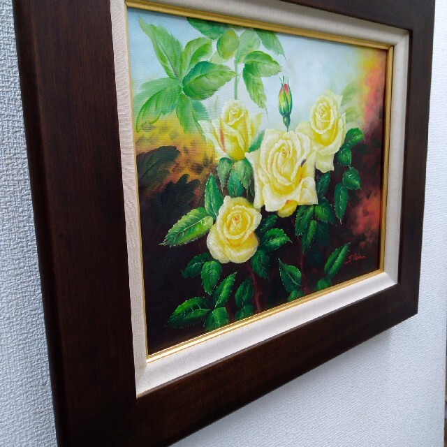 絵画/タペストリー 肉質油絵 横 F6号 黄色のバラの花 額装仕上げ品