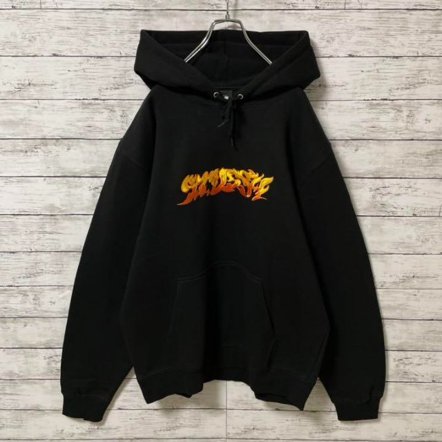 パーカー STUSSY - ステューシー 刺繍ロゴ ファイヤーロゴ パーカー XL