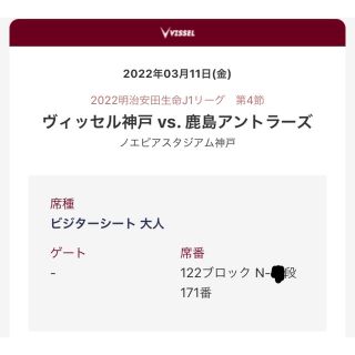 3月11日　ヴィッセル神戸 vs 鹿島アントラーズ　ビジターシート　大人1枚(サッカー)