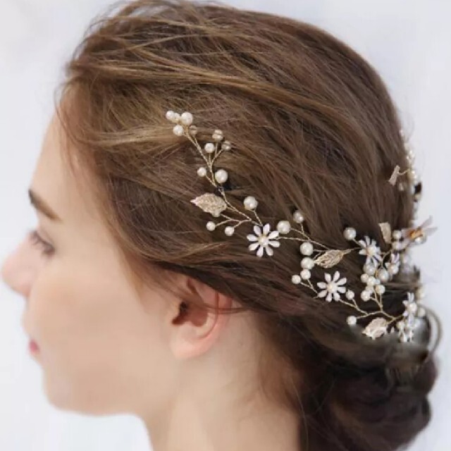 ウエディング　ヘッドドレス　髪飾り　ヘアアクセサリー　結婚式　パール　ゴールド ハンドメイドのウェディング(ヘッドドレス/ドレス)の商品写真