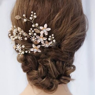 ウエディング　ヘッドドレス　髪飾り　ヘアアクセサリー　結婚式　パール　ゴールド(ヘッドドレス/ドレス)