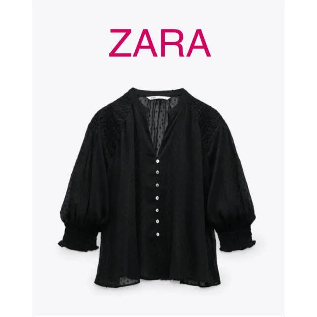 新品 ZARA ザラ ドット柄スモッキングブラウス ブラック 黒 Ｓ