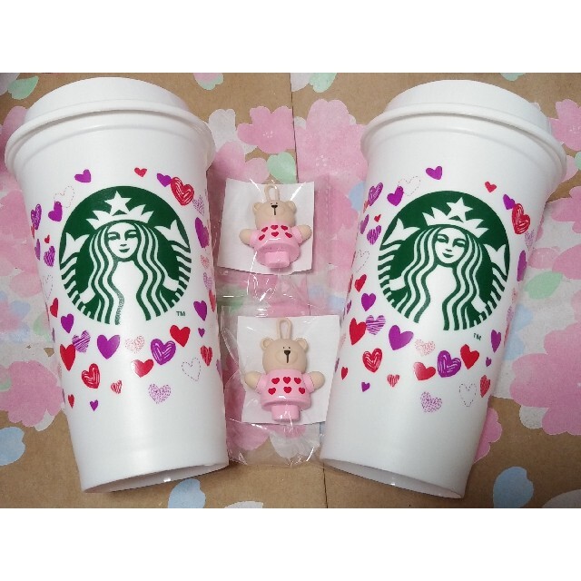 Starbucks Coffee(スターバックスコーヒー)のスターバックス　リユーザブルカップ　ベアリスタ　キャップ　ピンク２点　スタバ インテリア/住まい/日用品のキッチン/食器(その他)の商品写真