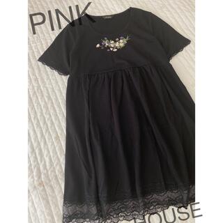 ピンクハウス(PINK HOUSE)のピンクハウス　チュニック　カットソー　刺繍　花　半袖　フランスレース　黒　綿(チュニック)