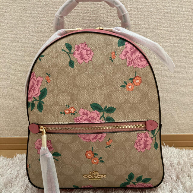 新品 COACH コーチ リュックサック レザー カーキ ピンク フラワー柄