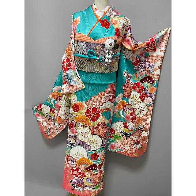 特選京友禅振袖❣️【金駒刺繍⭐️宝づくし 松竹梅文様 疋田文】ターコイズグリーン 特選京友禅振袖❣️【金駒刺繍⭐️宝づくし 松竹梅文様 疋田文】ターコイズグリーン