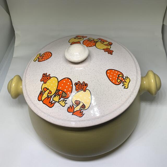 レトロポップ 陶器製 耐熱鍋 キノコ柄　レア　蝶々