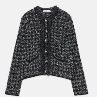 ザラ(ZARA)のZARA パールボタン コットン ツイードジャケット カーディガン(カーディガン)