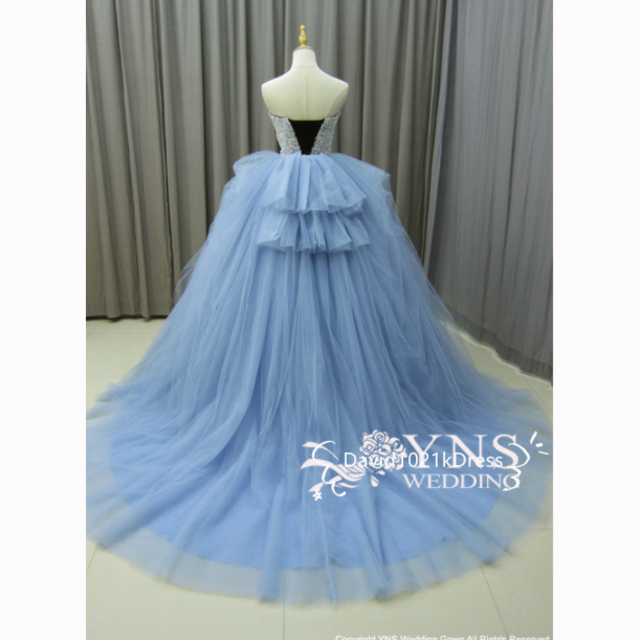 カラードレス ウエディングドレス 青/ブルー ビジュードレス 豪華 ベアトップ