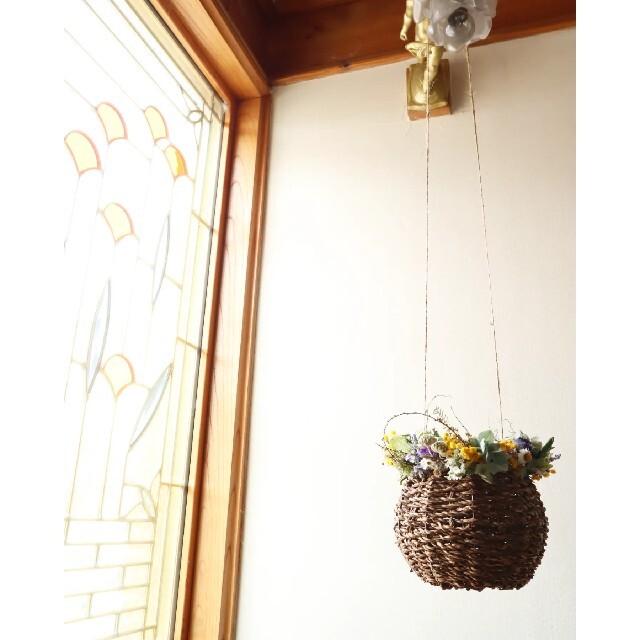 あゆみん様専用ページ。春花の花籠ハンギング❁ドライフラワーリース。春から初夏へ ハンドメイドのフラワー/ガーデン(リース)の商品写真