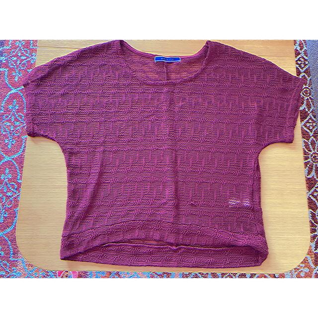 ザエンポリウム 半袖  透け素材  ニット 編みニット バーガンディー Lサイズ レディースのトップス(Tシャツ(半袖/袖なし))の商品写真