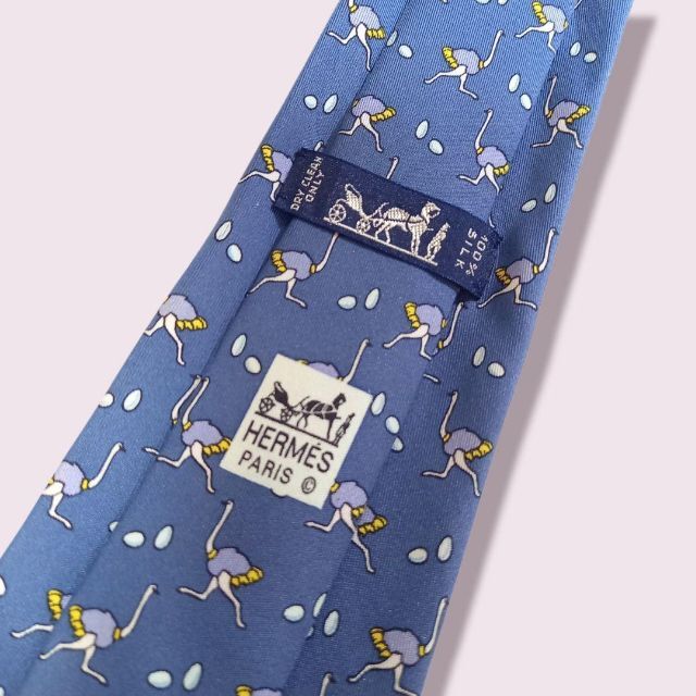 【美品】エルメス HERMES ネクタイ ブルー 青 9cm幅 ダチョウ柄