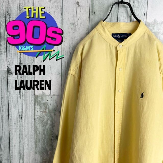 90's ラルフローレン　ポニーロゴ刺繍　シルク混　ノーカラーリネンシャツRalphLaurenの90