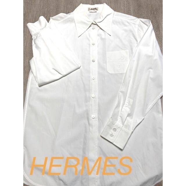 エルメス　HERMES40サイズ　L 白　シャツ　レア　馬車刺繍　ロゴ　ブラウス