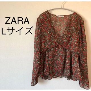 ザラ(ZARA)のZARA ザラ　黒　ブラック　赤　レッド　花柄　ブラウス　Vネック　長袖　美品(シャツ/ブラウス(長袖/七分))