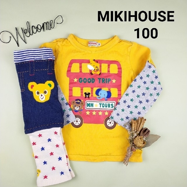 mikihouse(ミキハウス)のミキハウス プッチー バス 乗り物 ロンＴ スパッツ セット 100 キッズ/ベビー/マタニティのキッズ服男の子用(90cm~)(Tシャツ/カットソー)の商品写真