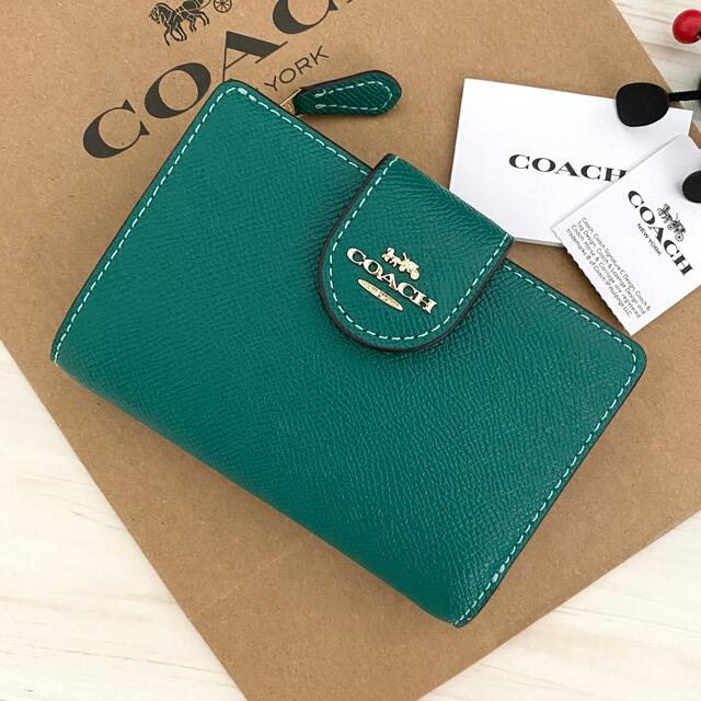 超最新作‼︎新品 COACH コーチ 折り財布 グリーン 緑色レザー＊仕様開閉