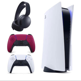 プレイステーション(PlayStation)のPS5＋純正ワイヤレスヘッドセット＋純正コントローラー（白＋レッド）セット(家庭用ゲーム機本体)