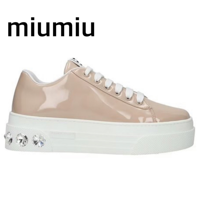 最新商品 MIU MIU ミュウミュウ ピンクベージュ ビジュー付 エナメル