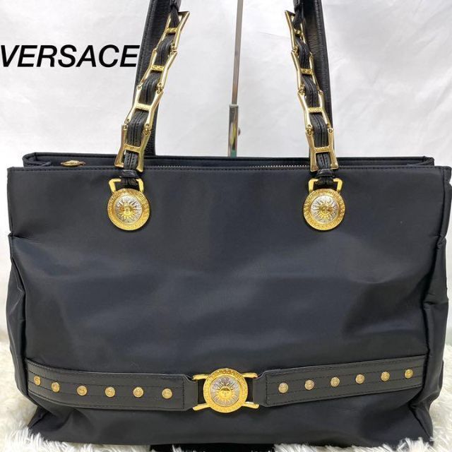 VERSACE♡トートバッグ A4収納可能 レザー ナイロン 黒 金 ベルサーチ | フリマアプリ ラクマ