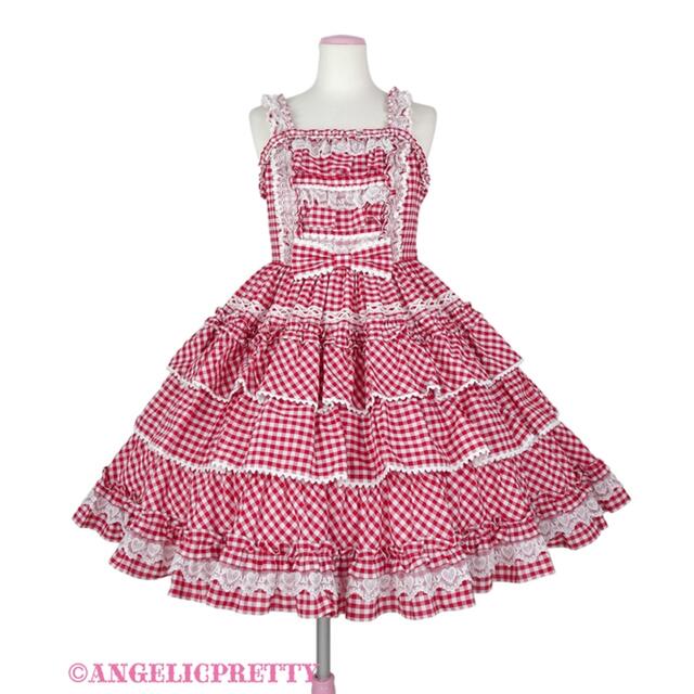 Angelic Pretty(アンジェリックプリティー)のangelic pretty pretty frill ジャンスカ　ギンガムアカ レディースのワンピース(ひざ丈ワンピース)の商品写真