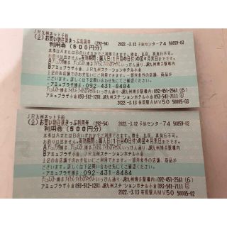 ジェイアール(JR)のJR九州　お買い物往復きっぷ利用券　 1000円分（500円×2枚）(ショッピング)