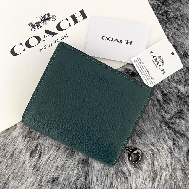 新品☆COACH(コーチ)メンズ ダークグリーン チャーム付き レザー 折り