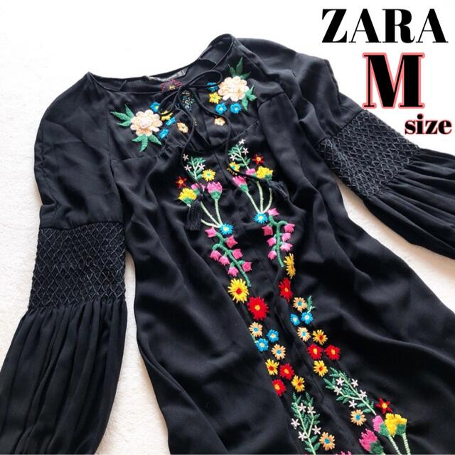 ZARA ザラ 刺繍 エンブロイダリー 花柄 フラワーモチーフ 黒 ブラック M