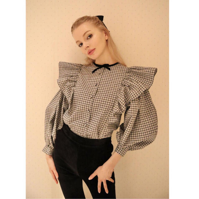 epine velours ribbon frill blouse check