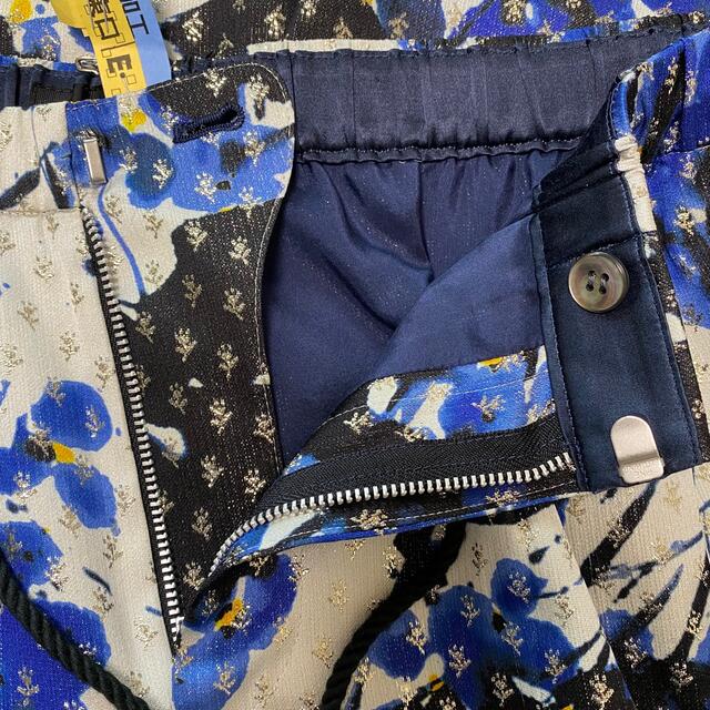 美品!DRAWER.花柄シルクパンツ.36.白青黒シルバー.
