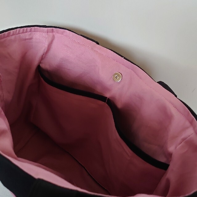 黒帆布トート×くすみピンク　サイドポケット　肩掛けトートバッグ　ハンドメイド