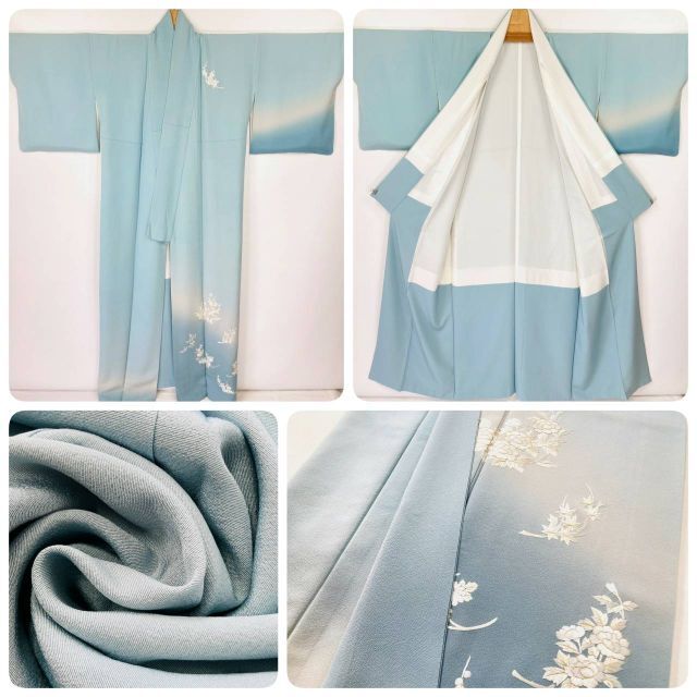 未使用 総刺繍 手刺繍 訪問着 花柄 金糸 水色 ブルー 白 863の 未使用 総刺繍 手刺繍 訪問着 花柄 金糸 水色 ブルー 白 863の