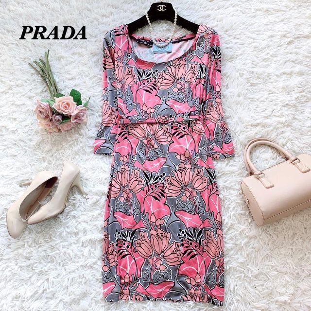 PRADA - 美品♡プラダ 高級シルク100% 総柄 ひざ丈ワンピース 花柄 ...