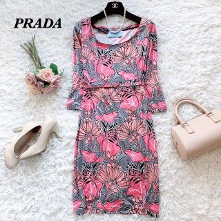 【新品】PRADA シルク100% シフォンワンピース フリル ピンク 42