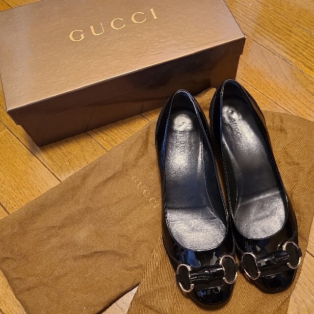 ☆GUCCI本物/エナメル&スエード切替バンブーパンプス24.5