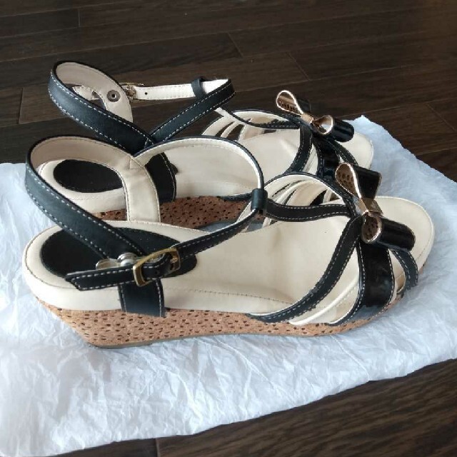 サンダル　夏　OL 靴 レディース デート　リボン　黒 レディースの靴/シューズ(サンダル)の商品写真