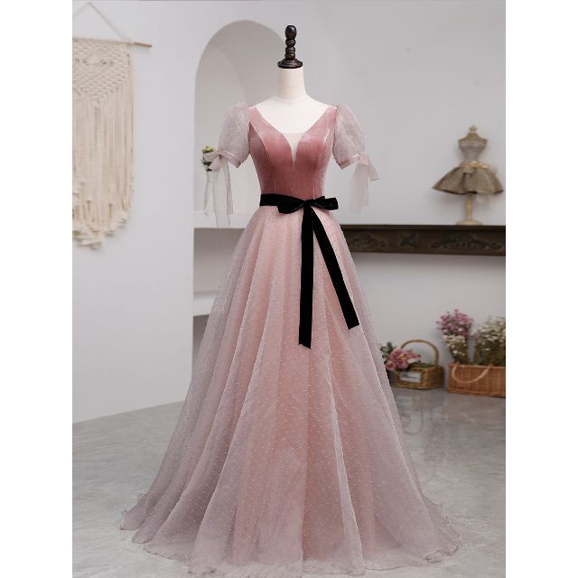 カラードレス Aライン 半袖 ウェディングドレス 結婚式ドレスC23