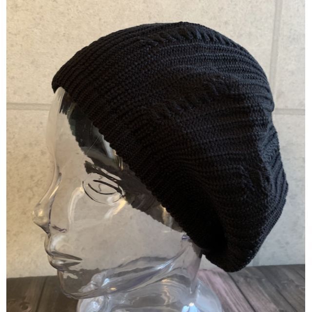 送料込 帽子 ニットベレー帽 コットン100 柔らか編み サマー ニット BK レディースの帽子(ハンチング/ベレー帽)の商品写真