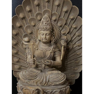 古美術 総檜材 仏教工芸品 木彫仏教 時代彫刻 極上品 仏師で仕上 孔雀
