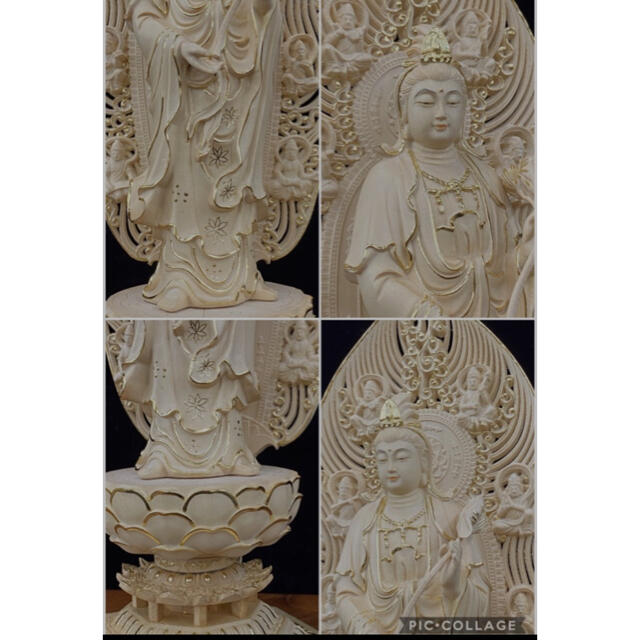 大型45cm 総檜材　切り金　本金　仏教工芸品　精密彫刻　阿弥陀如来三尊立像