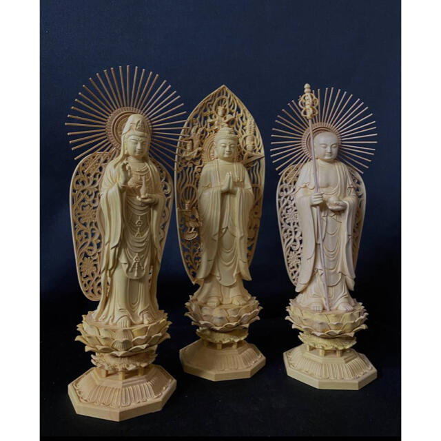 仏教工芸品 総柘植材 精密彫刻 極上品 木彫仏教 釈迦如来三聖立像一式