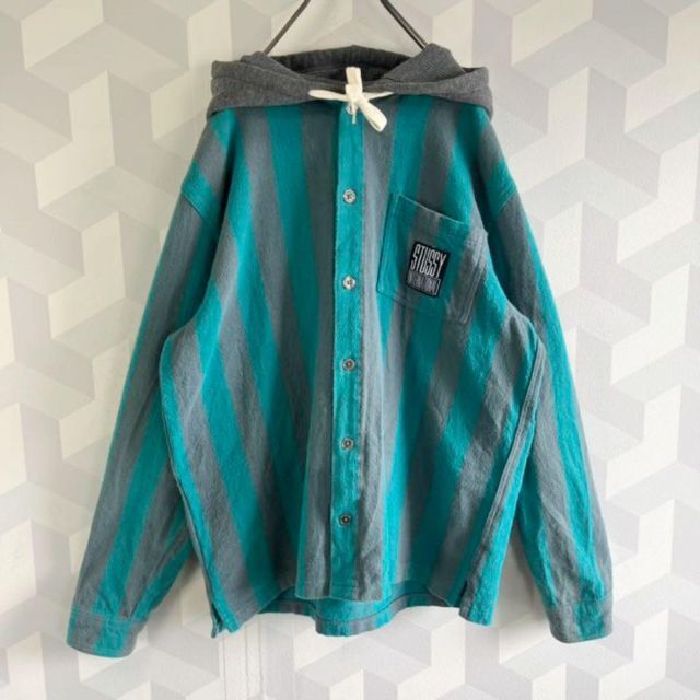 ですがやや STUSSY - L相当 コットンネル ストライプ シャツパーカー緑