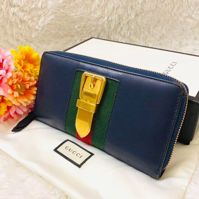 美品】GUCCI 長財布 シルヴィ 箱・保存袋付き シェリーライン ネイビー