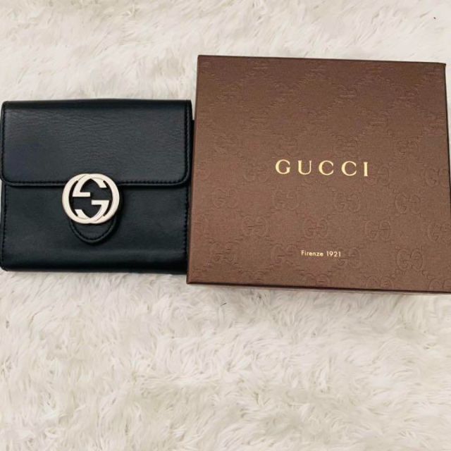 【美品】GUCCI 財布 インターロッキング ブラック 二つ折り 折り財布