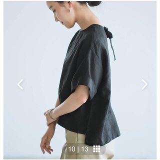 完売【北欧暮らしの道具店×foglinenwork リネン リボンブラウス】 定価販売 北欧、暮らしの道具店 ペールグレー リネントップス work linen fog Tシャツ/カットソー(半袖/袖なし)