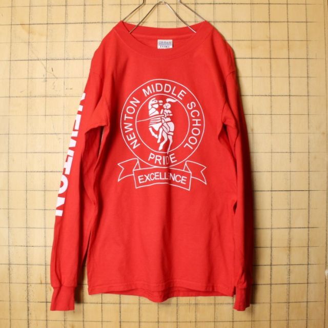 90s GILDAN 3面プリント 長袖 Tシャツ ロンT レッド S ss67