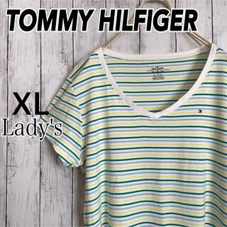 トミーヒルフィガー(TOMMY HILFIGER)のトミーヒルフィガーXLサイズ VネックTシャツ ボーダー レディース緑黄白 古着(Tシャツ(半袖/袖なし))