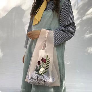 オーガンジー刺繍エコバッグ 新品 花 韓国 春 サブバッグ ショッピング(エコバッグ)