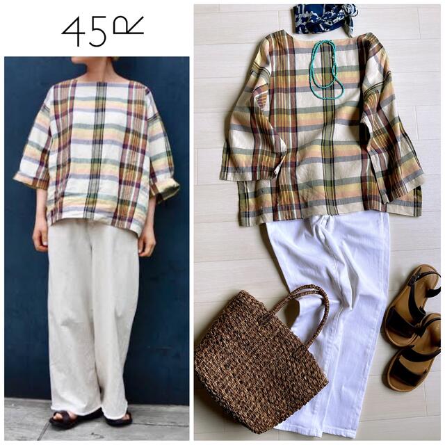 45R 美品| 上質 リネンのマドラスチェック馬比古ブラウス 海外並行輸入